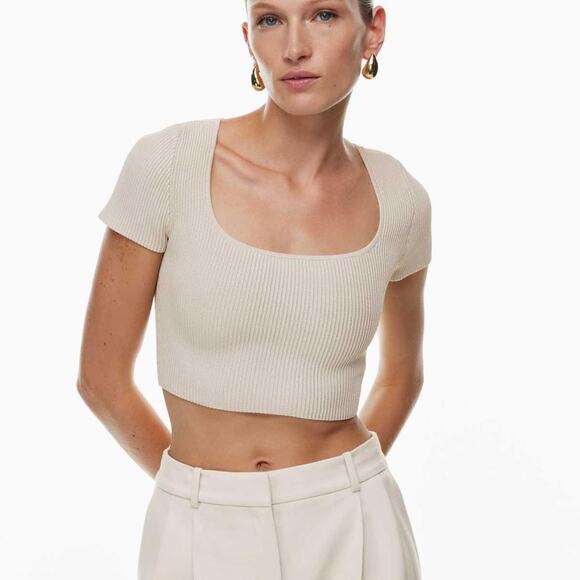 Aritzia Babaton Sculpt Knit Squareneck Cropped Top Ribbed Cream SL - Size M - Picture 1 of 8